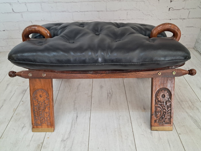 Camel Stool Footstool Black Leatherette Moroccan Style Vintage Antique 1970's