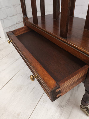 Vintage Antique Wooden Canterbury Mahogany Magazine Rack with Drawer & Brass Wheels