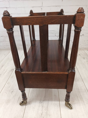 Vintage Antique Wooden Canterbury Mahogany Magazine Rack with Drawer & Brass Wheels