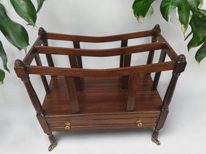 Vintage Antique Wooden Canterbury Mahogany Magazine Rack with Drawer & Brass Wheels