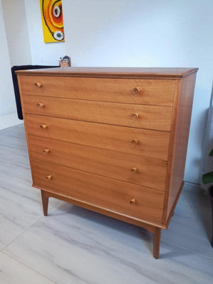 Mid Century Chest of Drawers Vintage Bedroom Alfred Cox 5 Drawers Restored 1950's