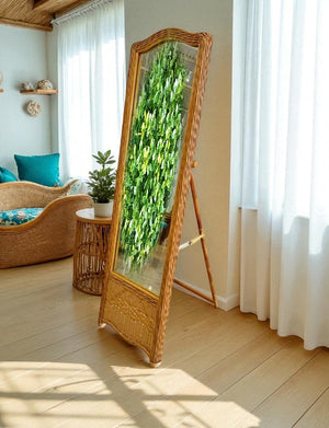 Vintage  Full Length Cheval Mirror – Boho Wicker Rattan Frame + Wooden Stand 1970's