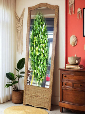 Vintage  Full Length Cheval Mirror – Boho Wicker Rattan Frame + Wooden Stand 1970's