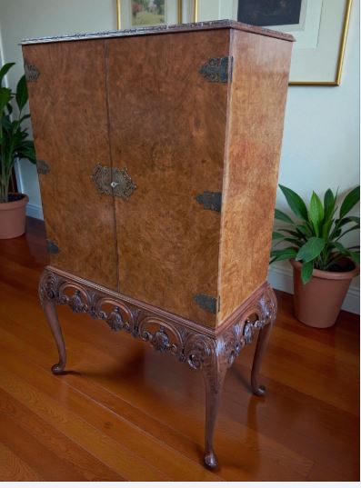 Vintage Walnut Cocktail Cabinet Drinks Cabinet Queen Anne Style Antique 1930's Restored