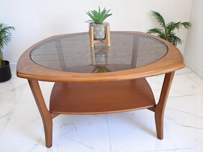 Mid Century Teak Danish G Plan Style Coffee Table Smoke Glass Retro Vintage 1970