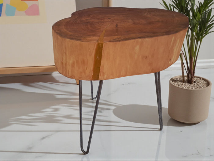 Vintage Rustic Solid Wood Coffee Table Log Slice on Hairpin Legs (1980s)