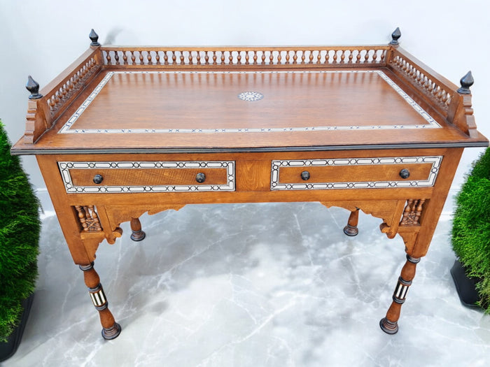 Vintage Wooden Moorish Desk Moroccan Eastern Bone Mother of Pearl Writing Table 1980