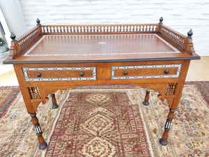 Vintage Wooden Moorish Desk Moroccan Eastern Bone Mother of Pearl Writing Table 1980