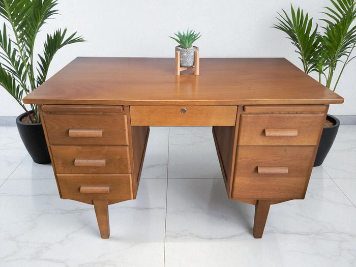 Mid Century Teachers Oak Desk Home Office Writing Desk Laptop Workstation Restored
