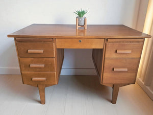Mid Century Teachers Oak Desk Home Office Writing Desk Laptop Workstation Restored