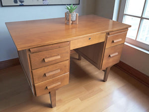 Mid Century Teachers Oak Desk Home Office Writing Desk Laptop Workstation Restored
