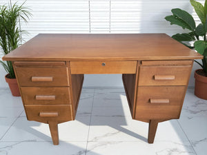 Mid Century Teachers Oak Desk Home Office Writing Desk Laptop Workstation Restored
