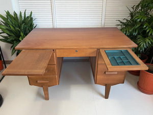 Mid Century Teachers Oak Desk Home Office Writing Desk Laptop Workstation Restored