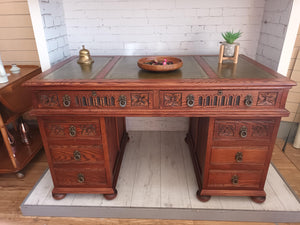 Antique Style Old Charm Tudor Pedestal Desk Vintage Oak Carved Writing Desk Leather Top