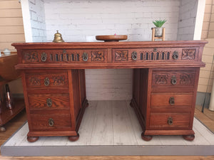 Antique Style Old Charm Tudor Pedestal Desk Vintage Oak Carved Writing Desk Leather Top