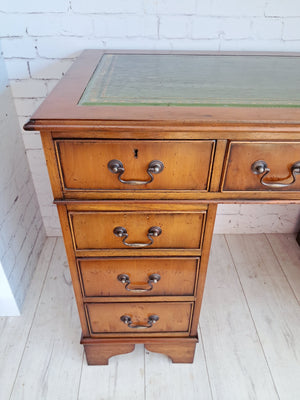 Antique Twin Pedestal Desk Wooden Vintage Desk Yew Wood Leather Top 1980