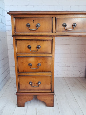 Antique Twin Pedestal Desk Wooden Vintage Desk Yew Wood Leather Top 1980
