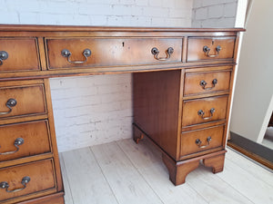 Antique Twin Pedestal Desk Wooden Vintage Desk Yew Wood Leather Top 1980