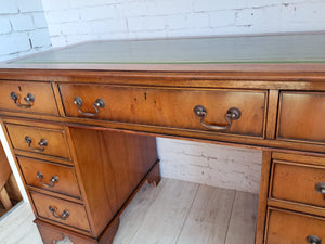 Antique Twin Pedestal Desk Wooden Vintage Desk Yew Wood Leather Top 1980
