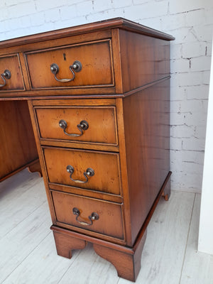 Antique Twin Pedestal Desk Wooden Vintage Desk Yew Wood Leather Top 1980