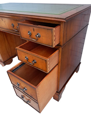 Antique Twin Pedestal Desk Wooden Vintage Desk Yew Wood Leather Top 1980