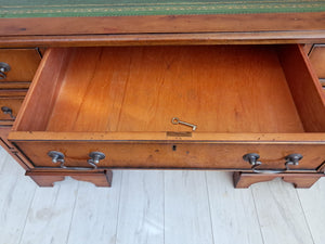 Antique Twin Pedestal Desk Wooden Vintage Desk Yew Wood Leather Top 1980