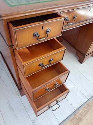 Antique Twin Pedestal Desk Wooden Vintage Desk Yew Wood Leather Top 1980