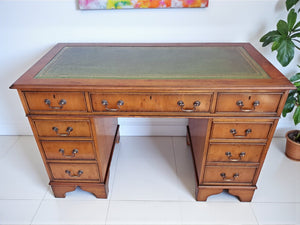 Antique Twin Pedestal Desk Wooden Vintage Desk Yew Wood Leather Top 1980