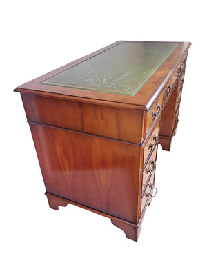 Antique Twin Pedestal Desk Wooden Vintage Desk Yew Wood Leather Top 1980