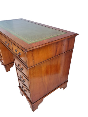 Antique Twin Pedestal Desk Wooden Vintage Desk Yew Wood Leather Top 1980