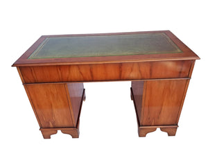 Antique Twin Pedestal Desk Wooden Vintage Desk Yew Wood Leather Top 1980