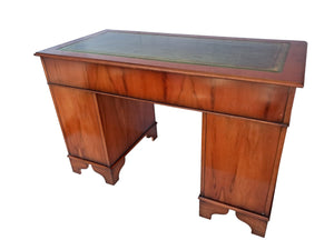 Antique Twin Pedestal Desk Wooden Vintage Desk Yew Wood Leather Top 1980