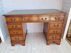 Antique Twin Pedestal Desk Wooden Vintage Desk Yew Wood Leather Top 1980