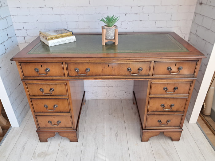 Antique Twin Pedestal Desk Wooden Vintage Desk Yew Wood Leather Top 1980