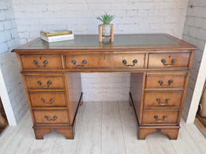 Antique Twin Pedestal Desk Wooden Vintage Desk Yew Wood Leather Top 1980