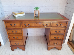 Antique Twin Pedestal Desk Wooden Vintage Desk Yew Wood Leather Top 1980