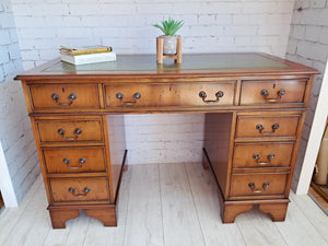 Antique Twin Pedestal Desk Wooden Vintage Desk Yew Wood Leather Top 1980