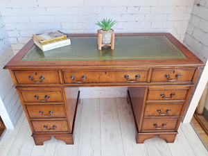 Antique Twin Pedestal Desk Wooden Vintage Desk Yew Wood Leather Top 1980
