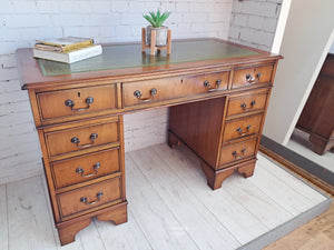 Antique Twin Pedestal Desk Wooden Vintage Desk Yew Wood Leather Top 1980