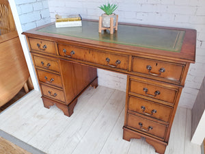 Antique Twin Pedestal Desk Wooden Vintage Desk Yew Wood Leather Top 1980