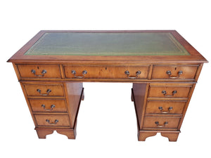 Antique Twin Pedestal Desk Wooden Vintage Desk Yew Wood Leather Top 1980