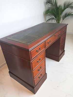 Antique Leather Top Desk Mahogany Home Office Writing Desk Laptop Vintage Restored 1980