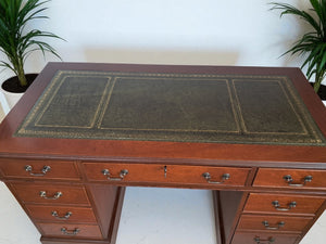 Antique Leather Top Desk Mahogany Home Office Writing Desk Laptop Vintage Restored 1980