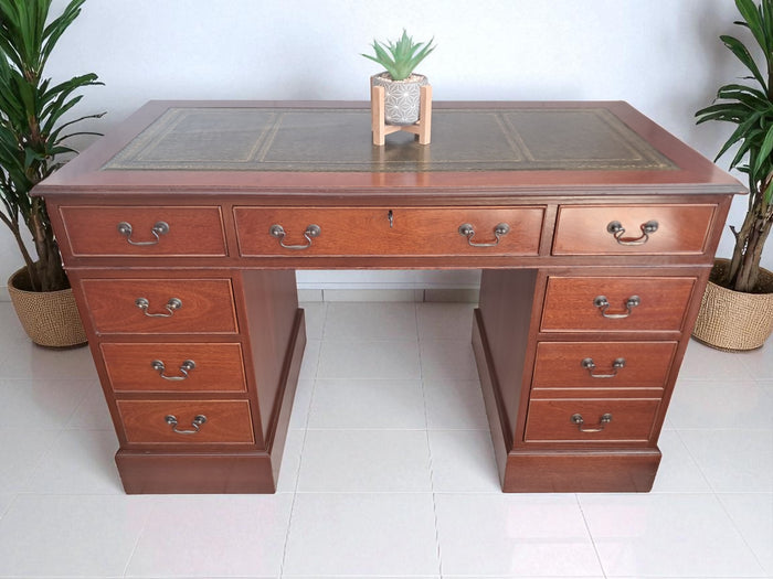 Antique Leather Top Desk Mahogany Home Office Writing Desk Laptop Vintage Restored 1980