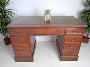 Antique Leather Top Desk Mahogany Home Office Writing Desk Laptop Vintage Restored 1980