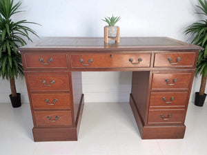 Antique Leather Top Desk Mahogany Home Office Writing Desk Laptop Vintage Restored 1980