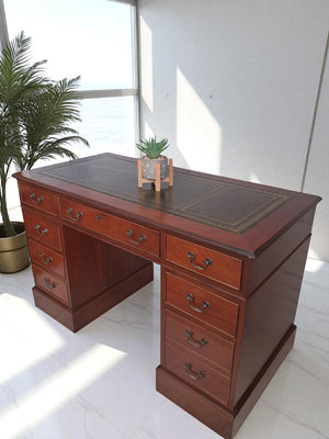 Antique Leather Top Desk Mahogany Home Office Writing Desk Laptop Vintage Restored 1980