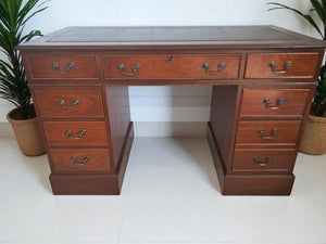 Antique Leather Top Desk Mahogany Home Office Writing Desk Laptop Vintage Restored 1980