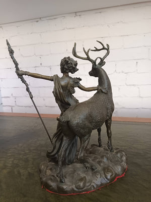 Vintage Bronze Sculpture LARGE Stag Diana Huntress Statue Goddess Hunt 1960