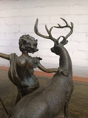 Vintage Bronze Sculpture LARGE Stag Diana Huntress Statue Goddess Hunt 1960